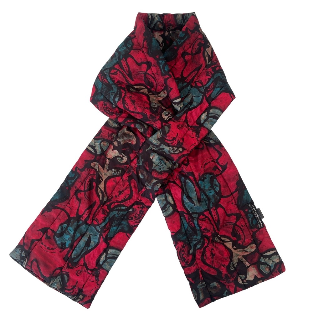 Peruvian Connection Lantana Puffer Scarf Red Teal Abstract Quilted Neck Warmer